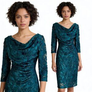 TAHARI | Forest Green Lace Draped Neck Long Sleeve Cocktail Dress Sz 6